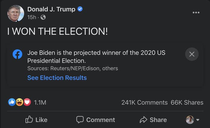 A Facebook post from President Trump falsely claiming &quot;I won the election!&quot;