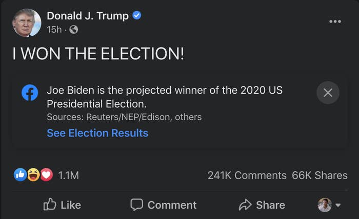 A Facebook post from President Trump falsely claiming "I won the election!"