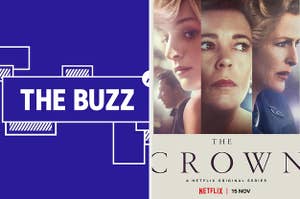 Splitscreen of purple graphic with THE BUZZ in white letters on the right side and a poster for Season 4 of "The Crown" on the left side