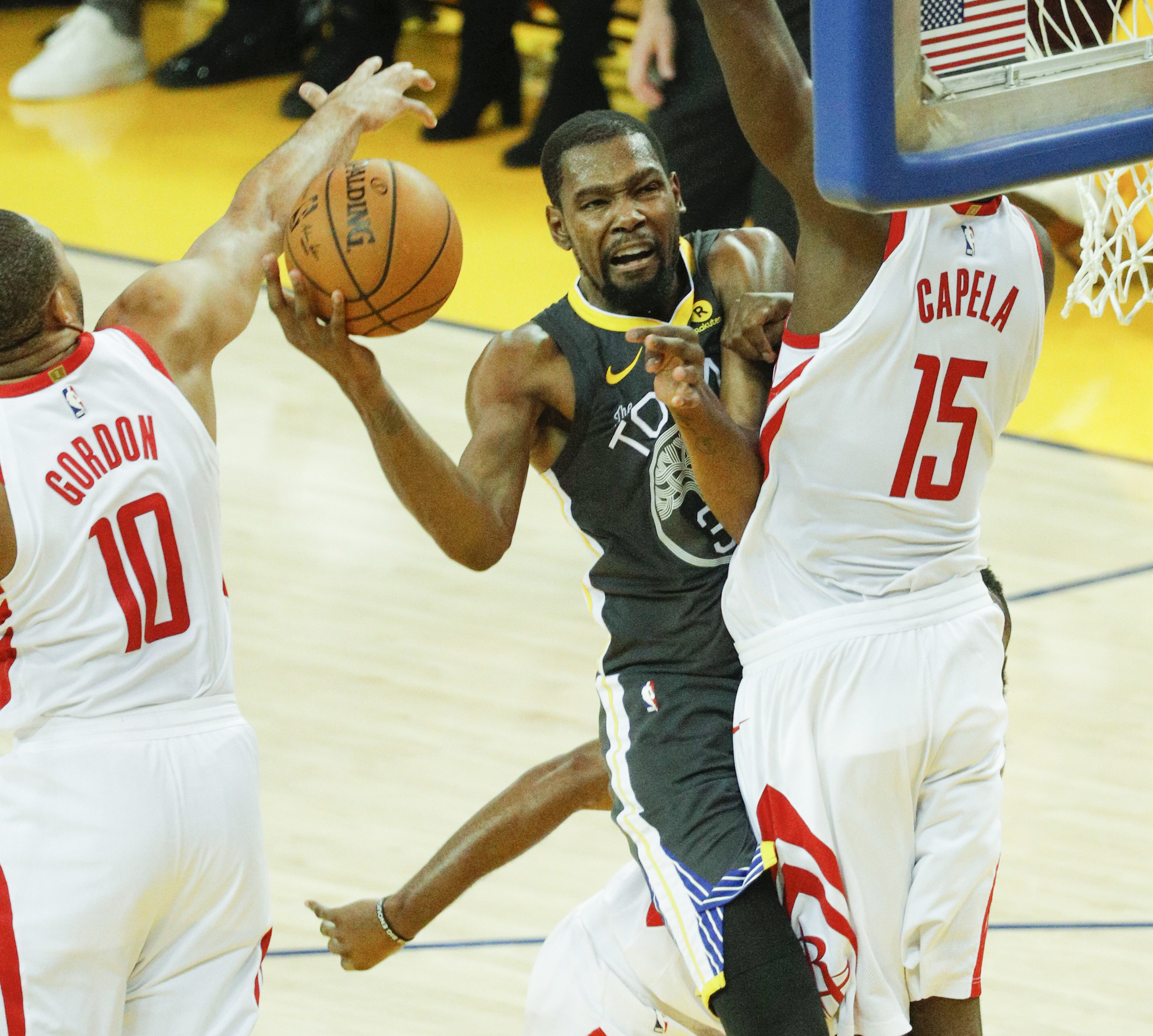 Houston Rockets&#x27; Eric Gordon blocks a Golden State Warriors&#x27; Kevin Durant layup attempt during game 4 of the Western Conference Finals