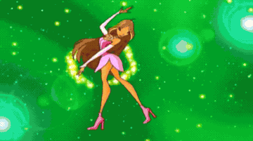 A GIF of the Winx Club girls transforming into their fairy selves