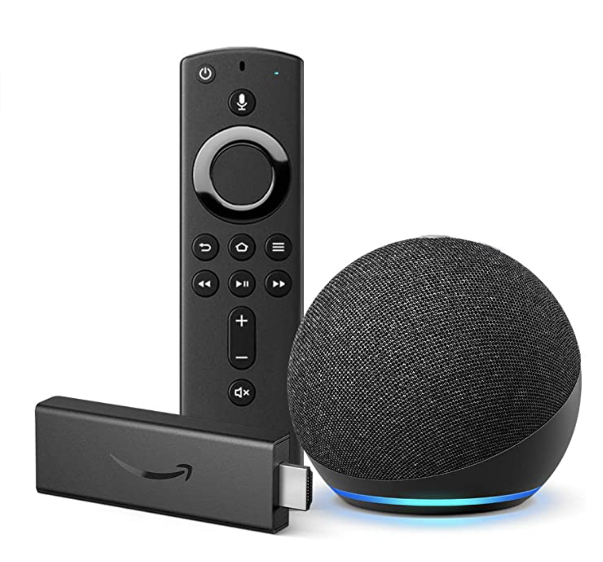 A Fire stick, remote, and circular Echo Dot