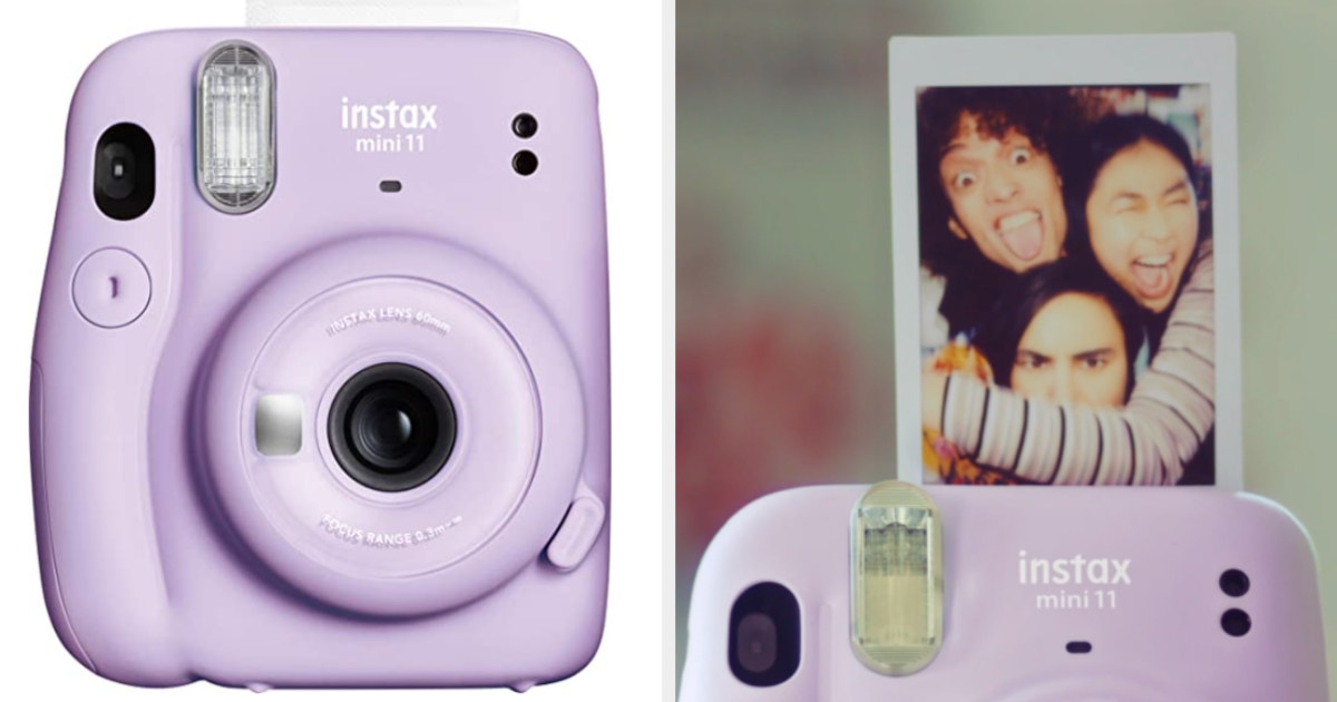 Lavender mini camera and a printed picture of friends smiling popping out of it