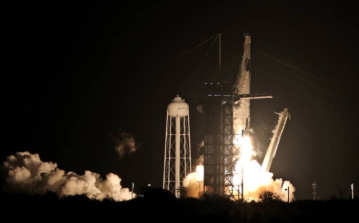 A SpaceX Falcon 9 rocket lifts off from launch complex 39A at the Kennedy Space Center
