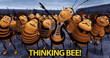 Adam and a bunch other bees sticking their arts out and saying &quot;Thinking bee!&quot;
