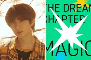 An image of Beomgyu next to an image of TXT's album dream chapter magic