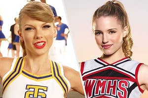 Taylor Swift and Quinn Fabray in their cheer outfits 