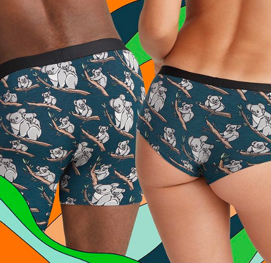 Two people, one wearing boxers and one wearing panties, both in koala print 