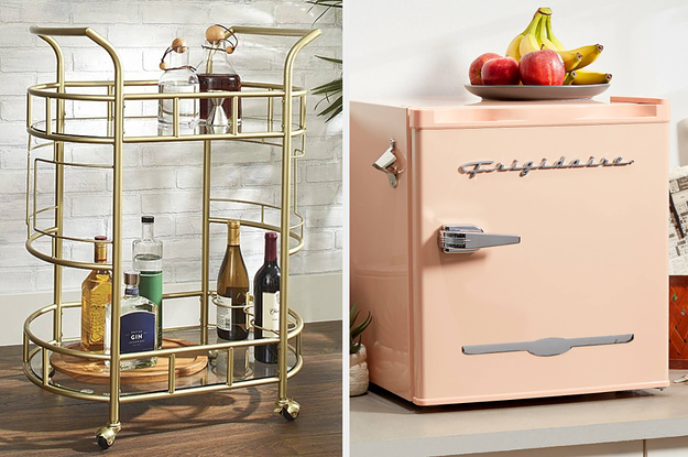 on left the gold bar cart and on right the pink fridge