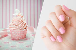 A strawberry cupcake next to a fresh manicure and paint job