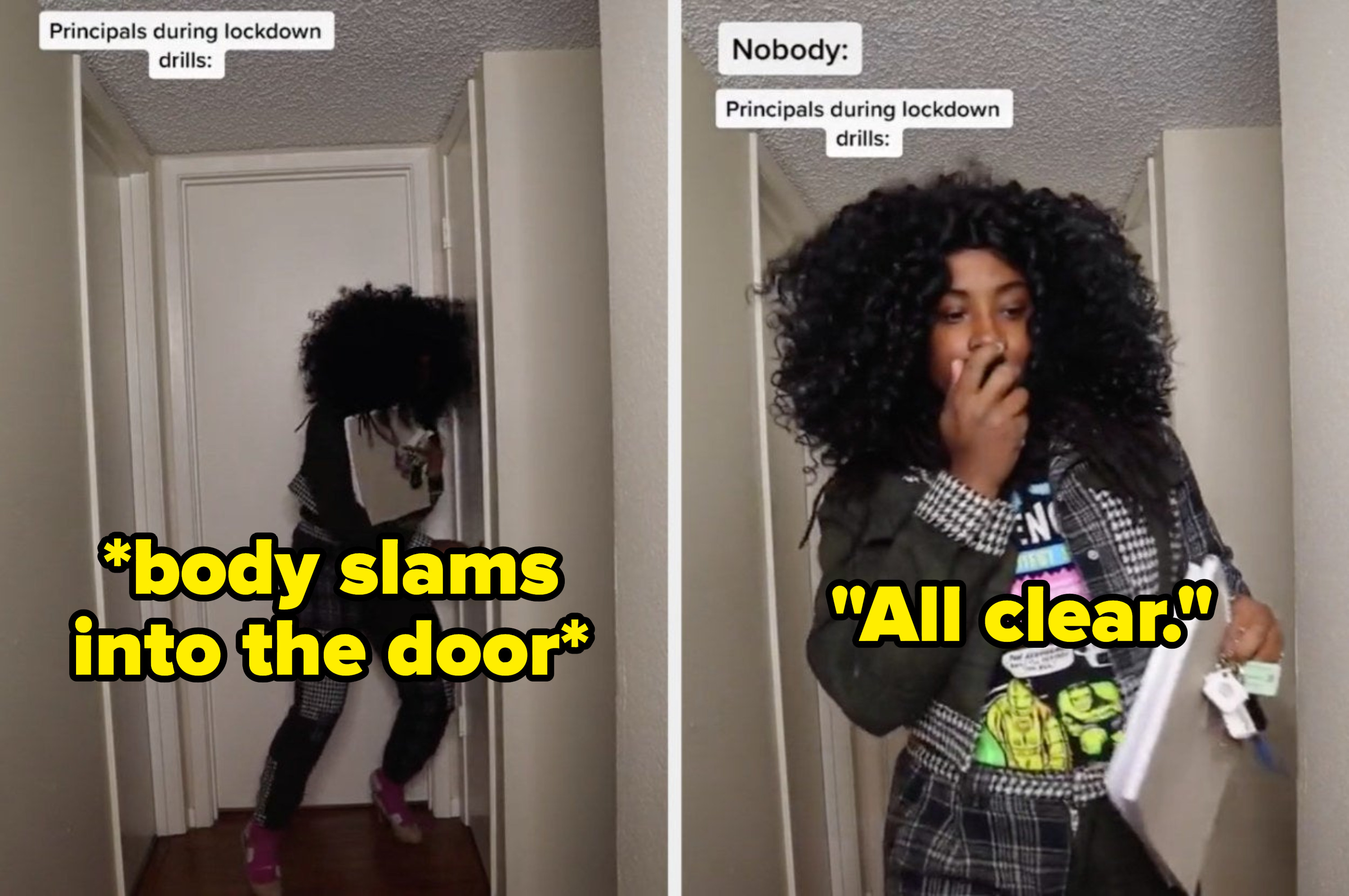 A TikToker pretends to be a principal with the caption &quot;body slams into the door&quot; then says &quot;All clear&quot;