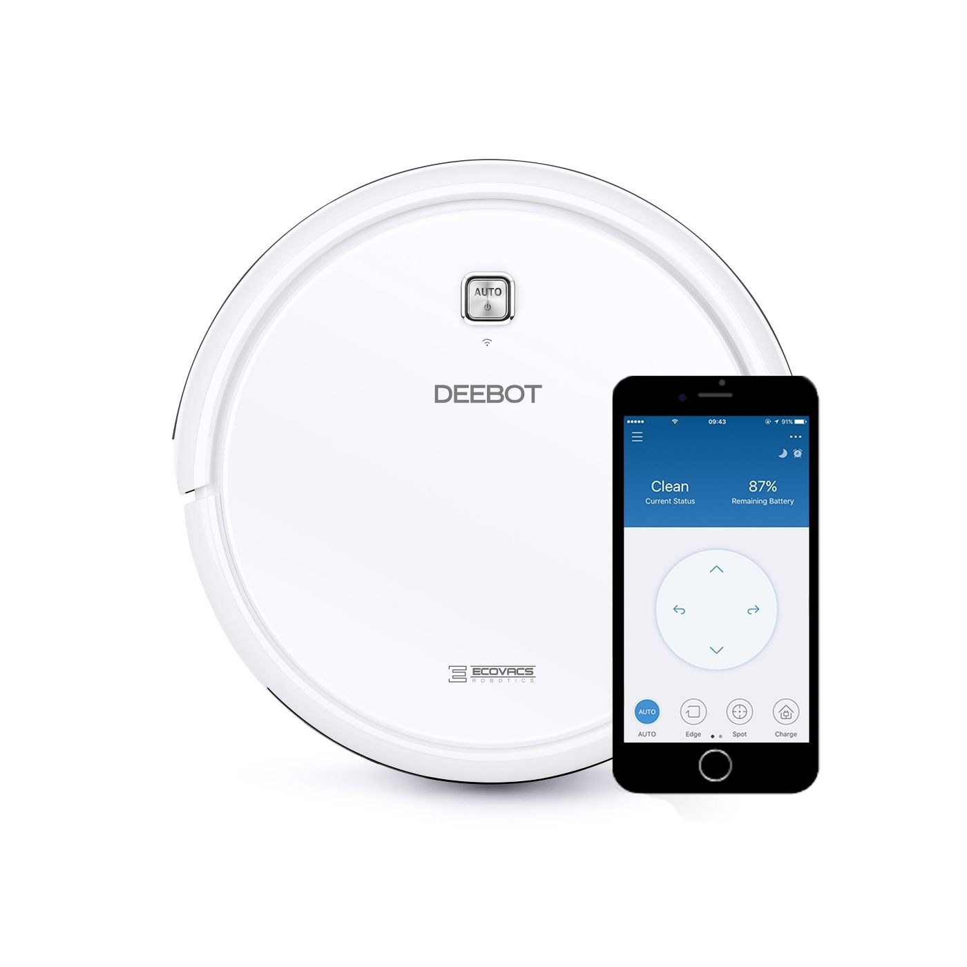 The robot vacuum alongside a smartphone featuring the vacuum&#x27;s app