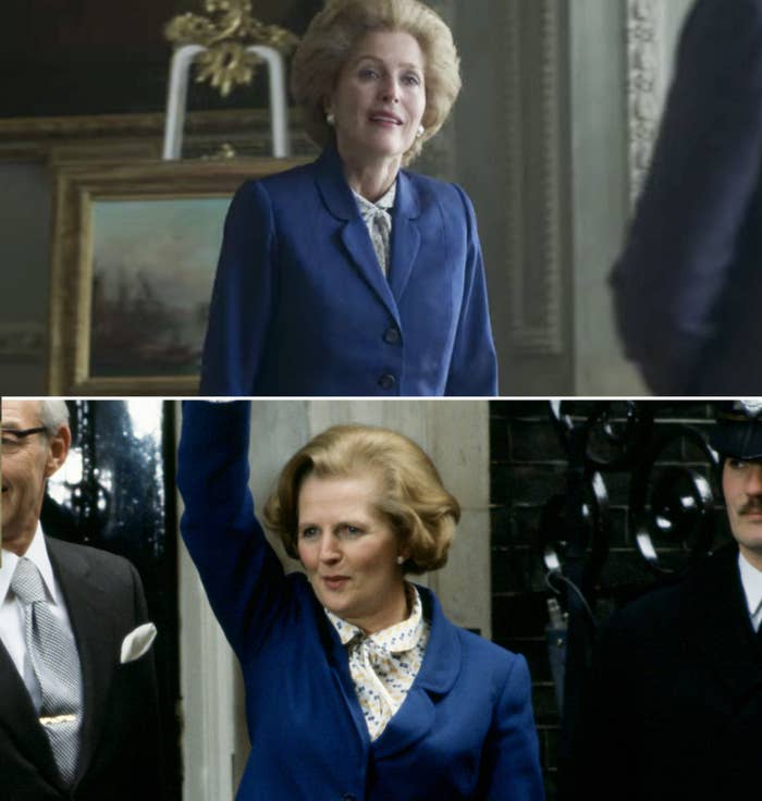 Gillian Anderson as Margaret Thatcher and the real Margaret Thatcher waving