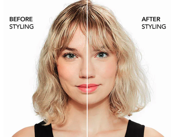 A before and after showing the model's hair is shinier and smoother after using the spray