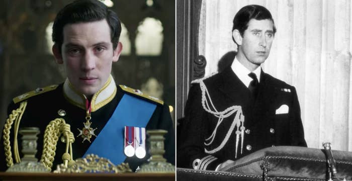Josh O&#x27;Connor as Prince Charles on the left and the real Prince Charles on the right
