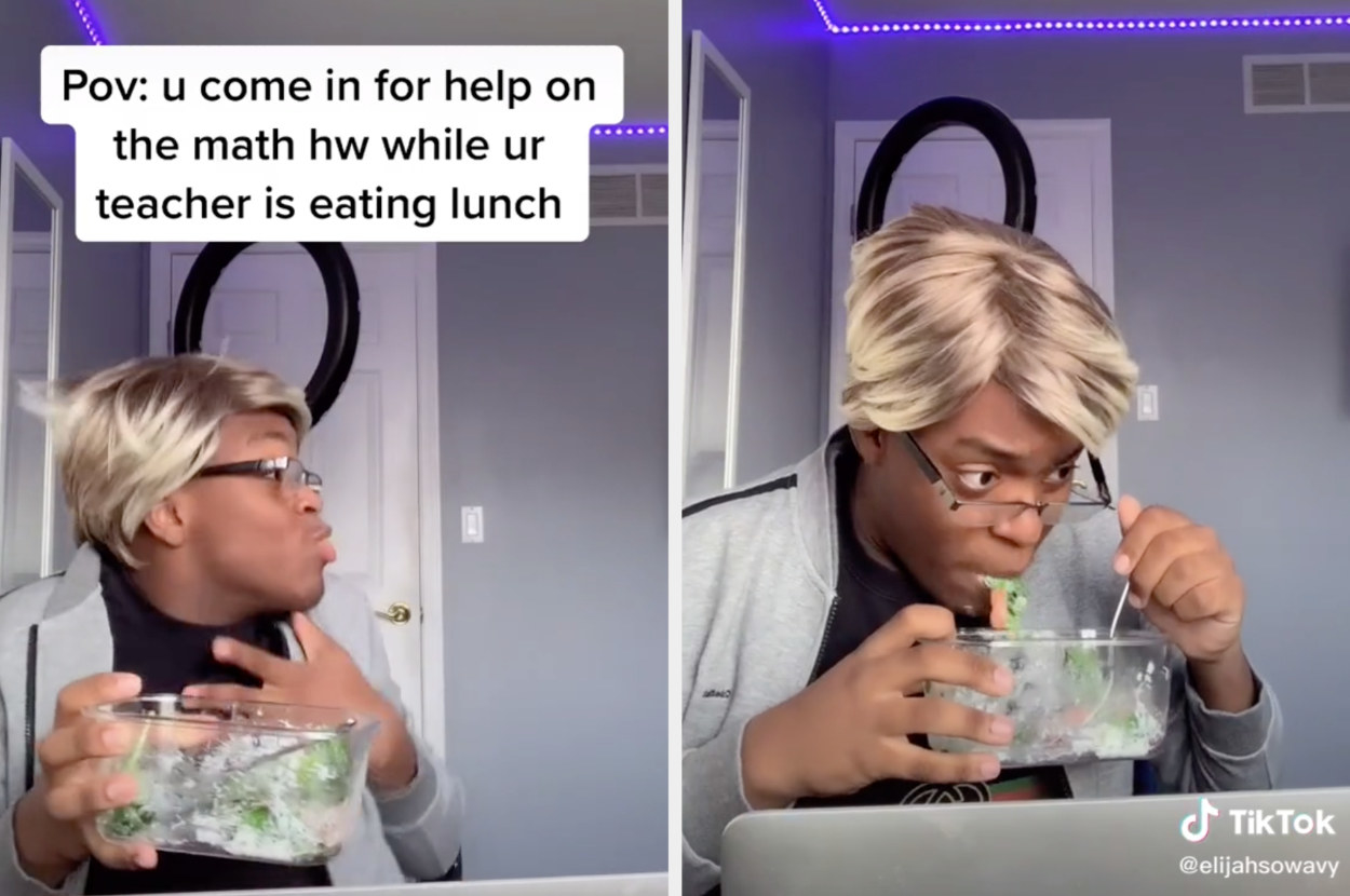 A teacher almost chokes on their salad after being taken by surprise by a student's visit