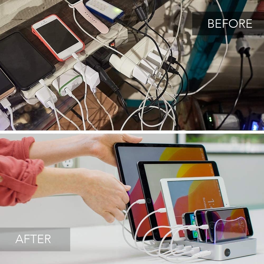Before and after image — one with devices and cords all tangled, another of the charging station with six device ranging from a small phone to a large tablet charging in an organized way 