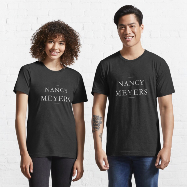Models wearing the black short sleeve tee that reads &quot;Nancy Meyers&quot;