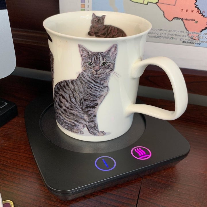 Reviewer uses black mug warmer to heat up cup of coffee with kitty design on front