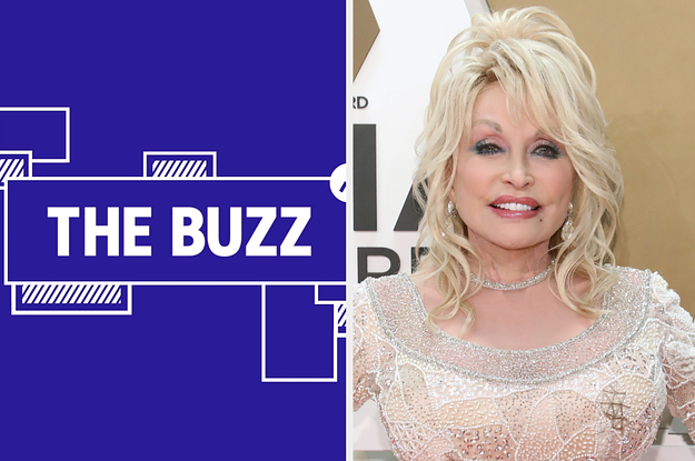 Splitscreen of purple graphic with THE BUZZ in white letters on the right side and photo of Dolly Parton on the left side (CREDIT: GETTY)