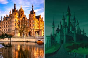 Side-by-side images of the Schwerin Castle in Germany and Aurora's castle in 