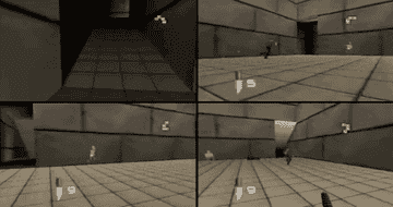 A GIF of four screens showing characters running in a brick room.