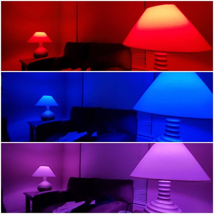 A reviewer photo with three panels showing the same room cast in red, blue, and purple light 