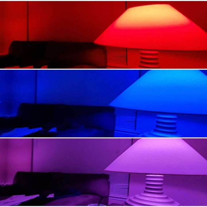 A reviewer photo with three panels showing the same room cast in red, blue, and purple light 