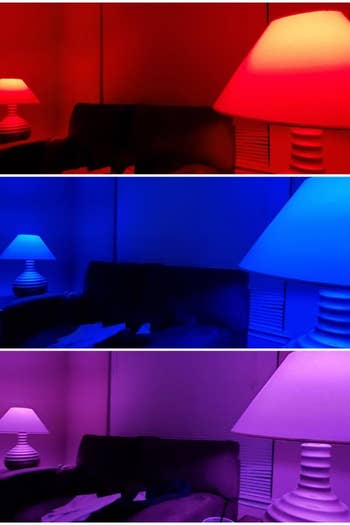 A reviewer photo with three panels showing the same room cast in red, blue, and purple light 