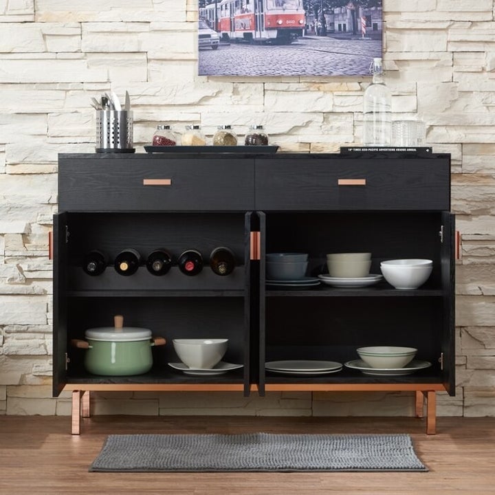 the willa arlo sideboard opened to reveal the wine rack and storage shelves
