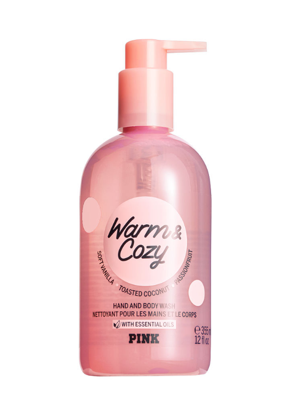 A soap bottle of Warm & Cozy hand and body wash.