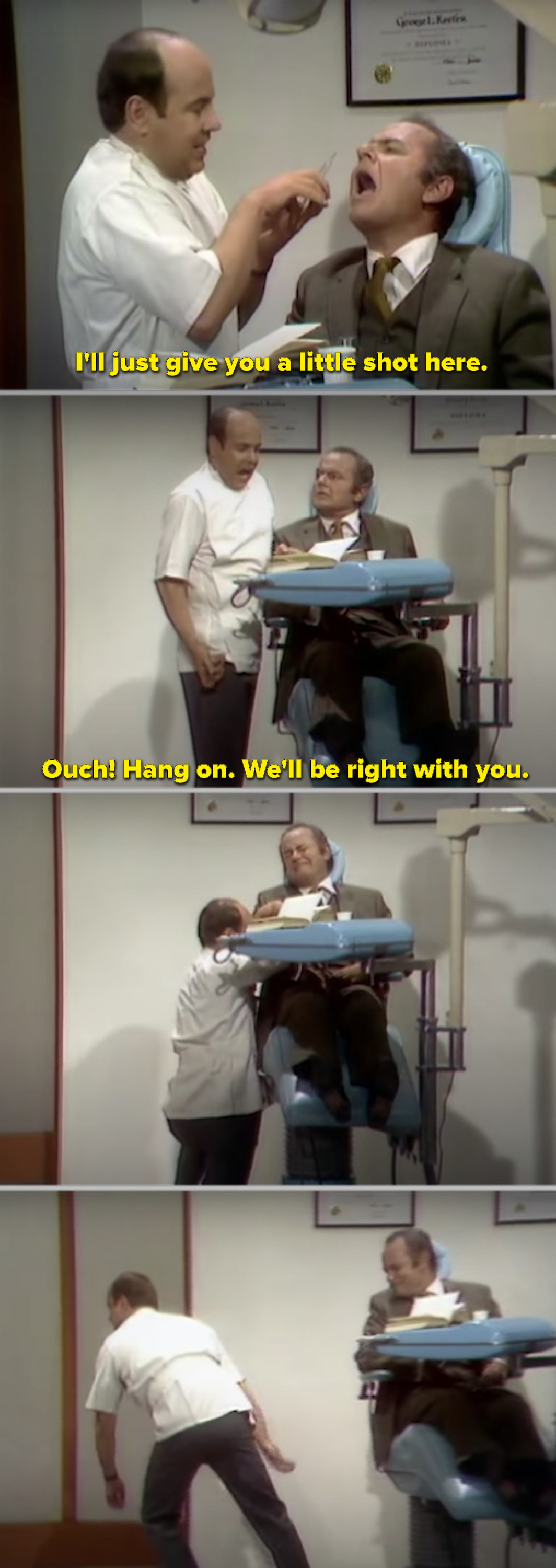 Tim Conway as a dentist getting hit with the Novocaine needle, making his legs and arms go numb in front of a patient