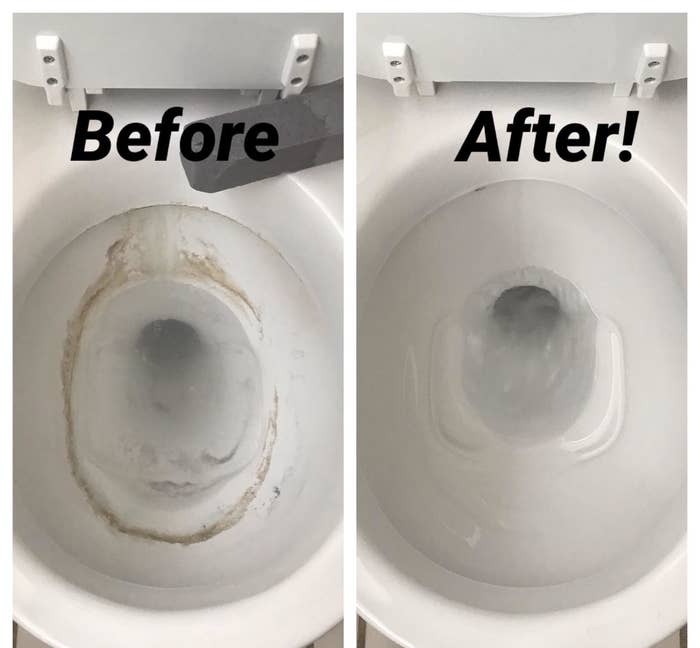Before and after image of dirty stained toilet and completely clean toilet after using the pumice stone