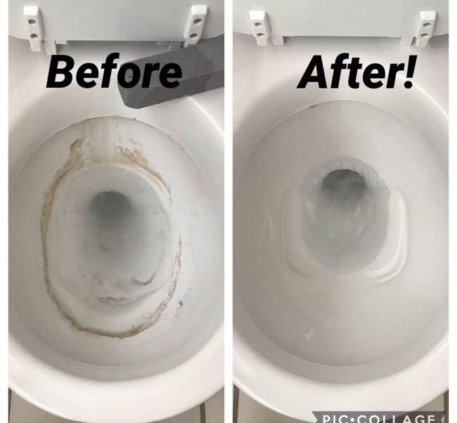 Before and after image of dirty stained toilet and completely clean toilet after using the pumice stone