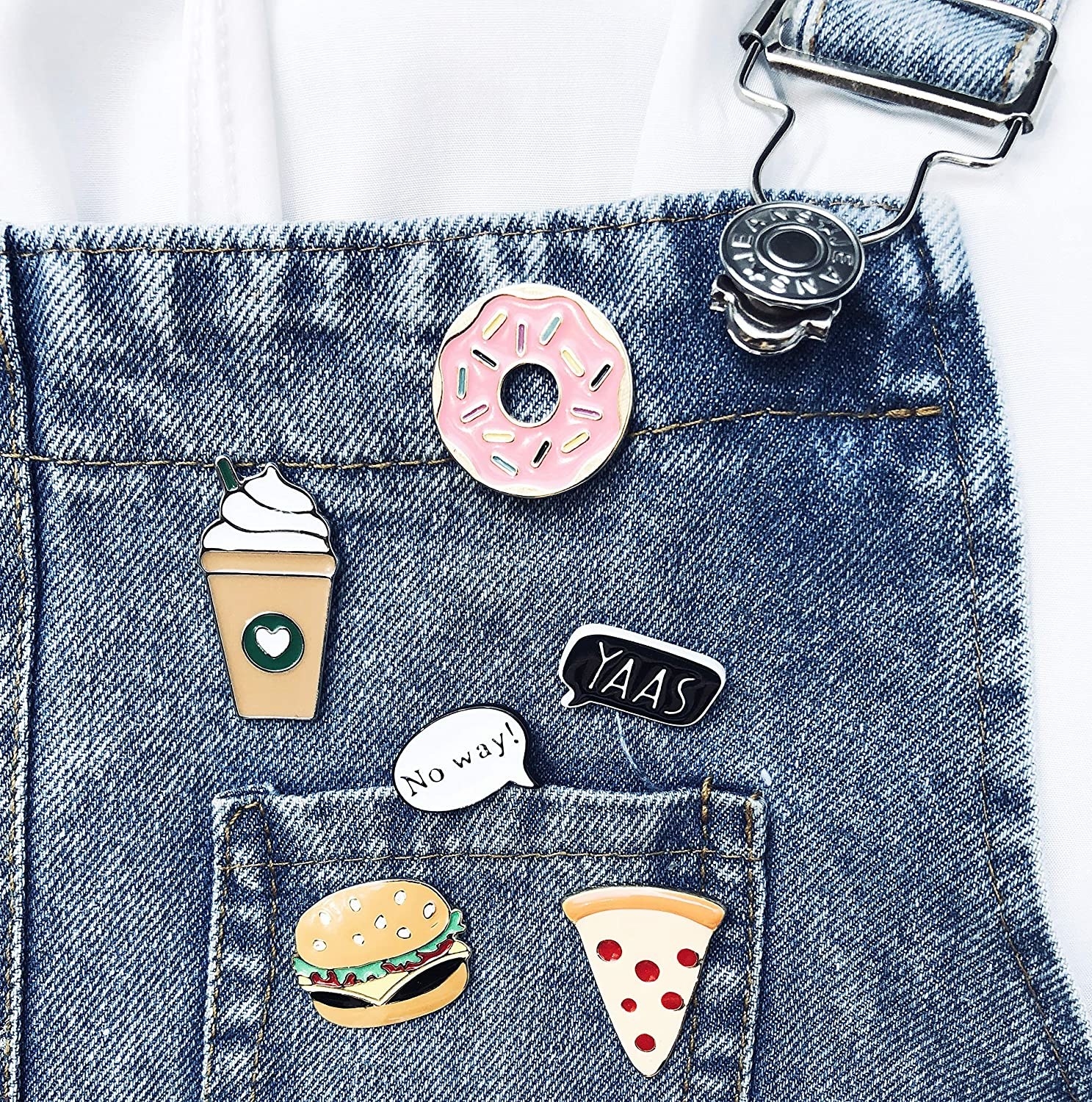 the pins are a donut, burger, pizza slice, coffee cup, the word &quot;yaas&quot; and &quot;no way&quot; 