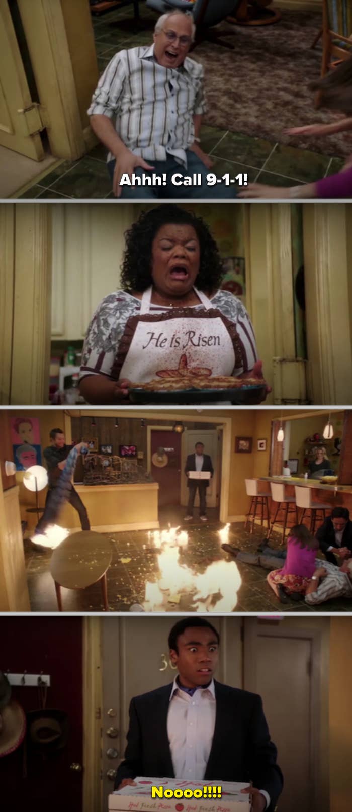 Pierce lying on the floor from a gunshot wound, Shirley covered in blood, and Troy coming back to an on-fire apartment while holding the pizza in &quot;Community&quot;