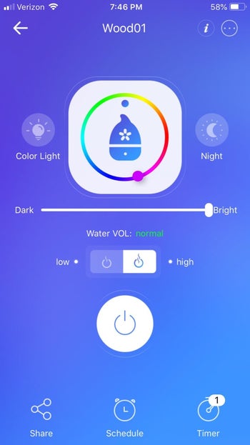 Screenshot of the diffuser's smartphone app