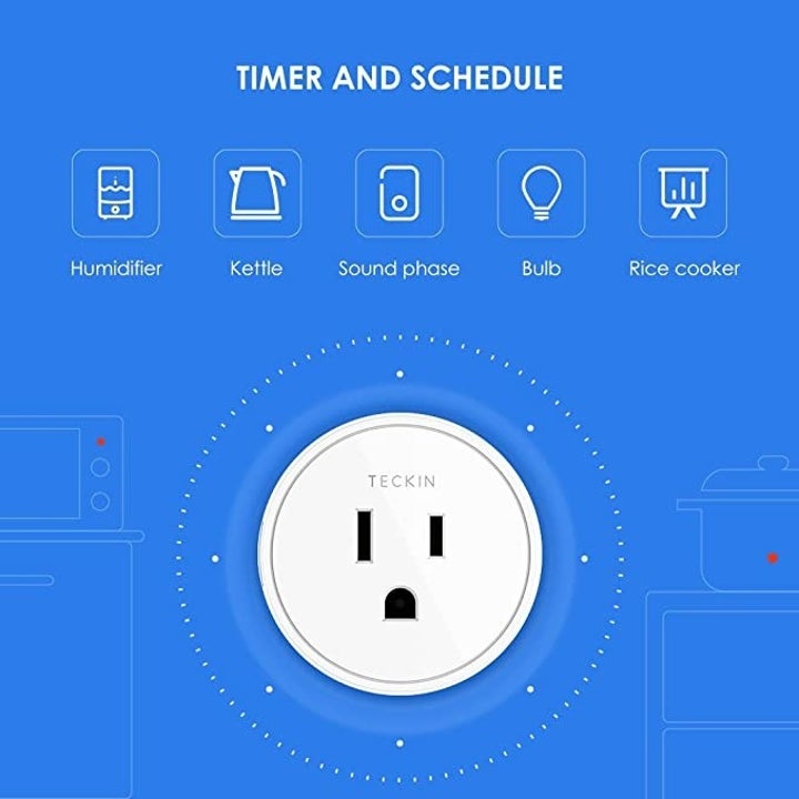 An illustration of the smart outlet with text that reads: Time and schedule humidifier, kettle, sound phase, bulb, rice cooker
