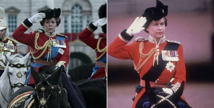 Olivia Colman as Queen Elizabeth and the real Queen Elizabeth salute troops while wearing military regalia on horseback