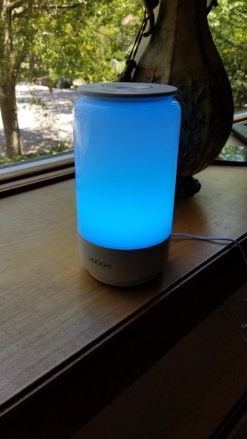 Reviewer photo showing smart lamp with the blue light setting