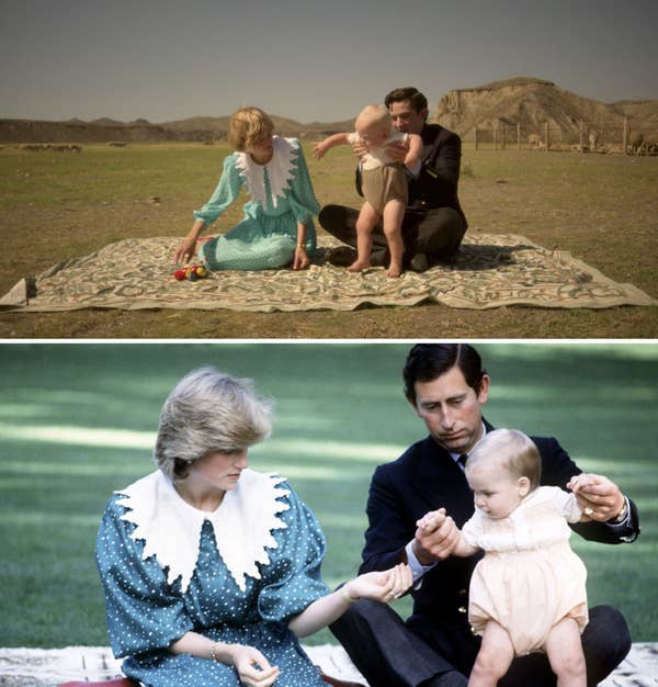 Prince Charles and Princess Diana sit on a blanket as they play with Prince William