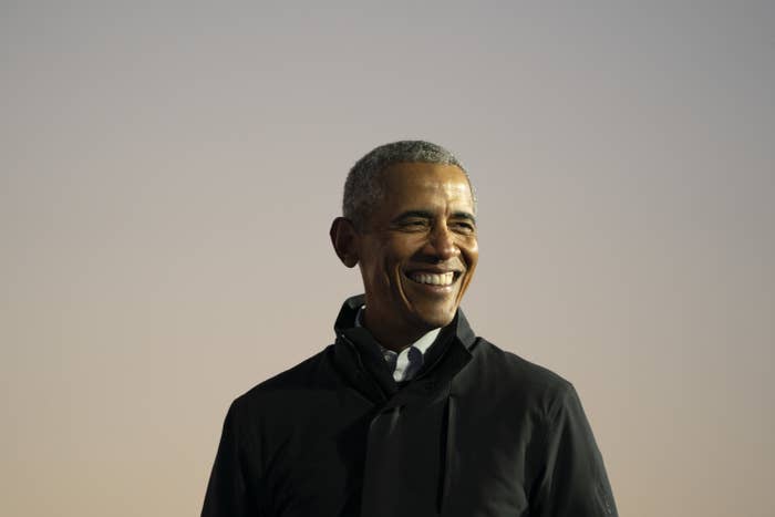  Former President Barack Obama speaks during a drive-in campaign rally with then-Democratic presidential nominee Joe Biden 