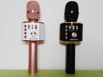 reviewer's two mics (black and pink) standing next to each other