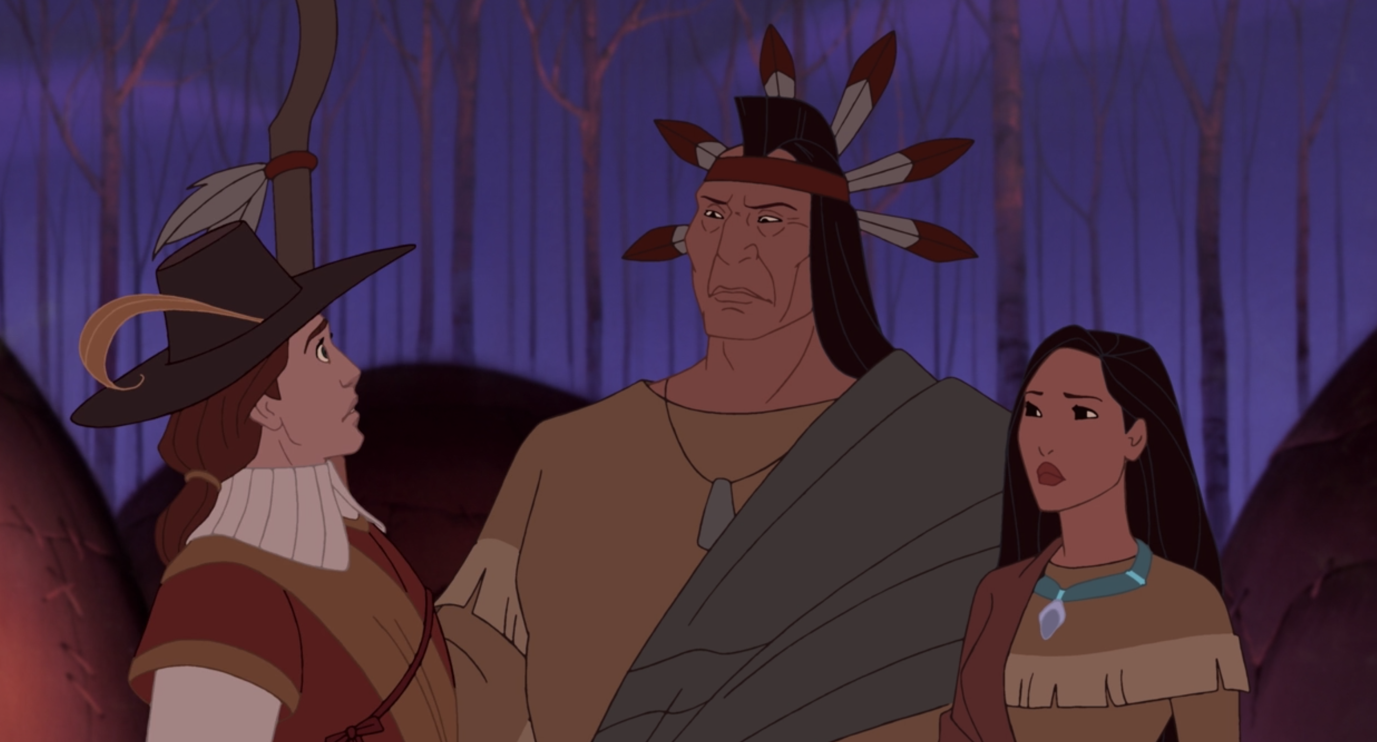 Pocahontas and her father speaking to John Rolfe