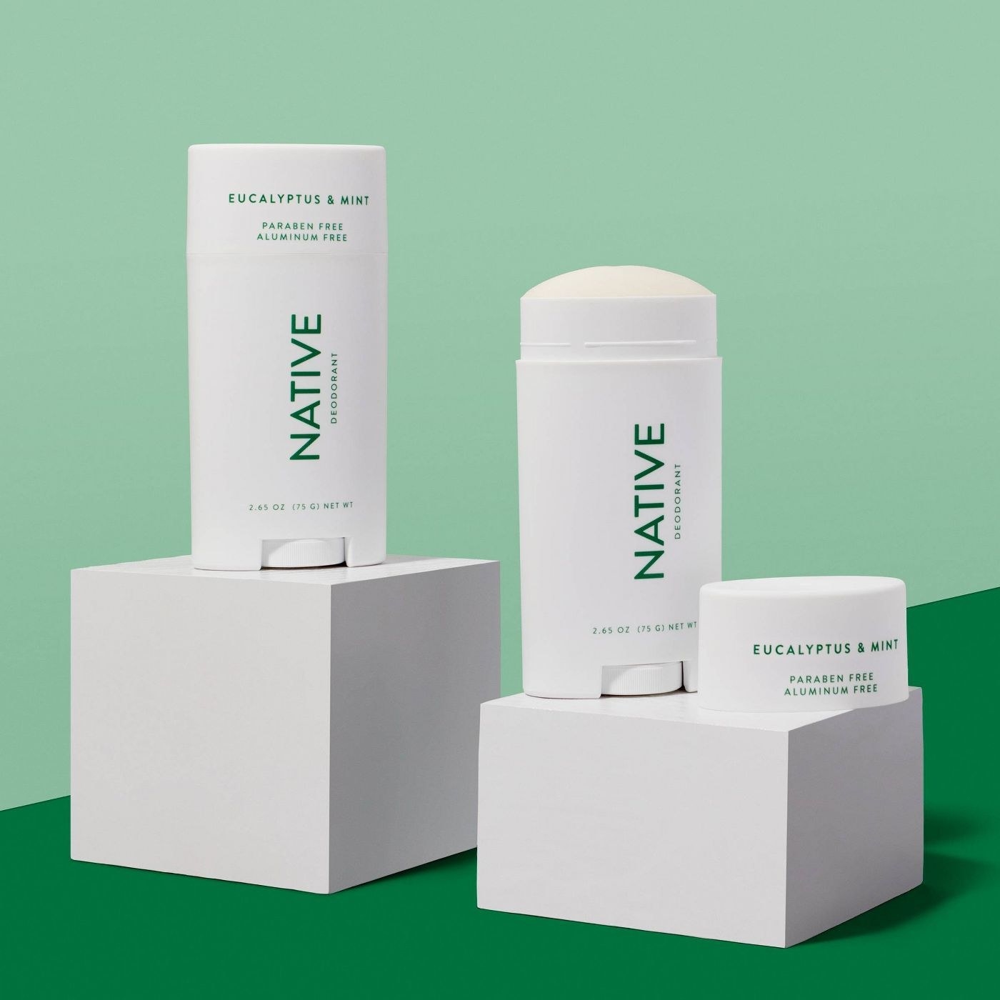 The Native deodorant in eucalyptus and mint with the cap removed to show the consistency of the product