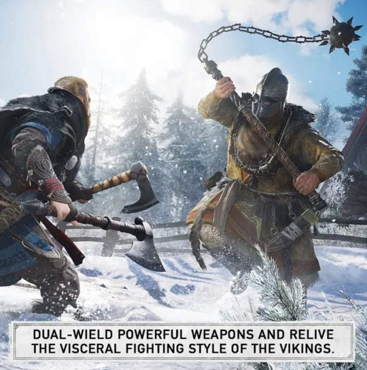 Vikings in combat with the text &quot;Dual-weird powerful weapons and relive the visceral fighting style of the vikings&quot;