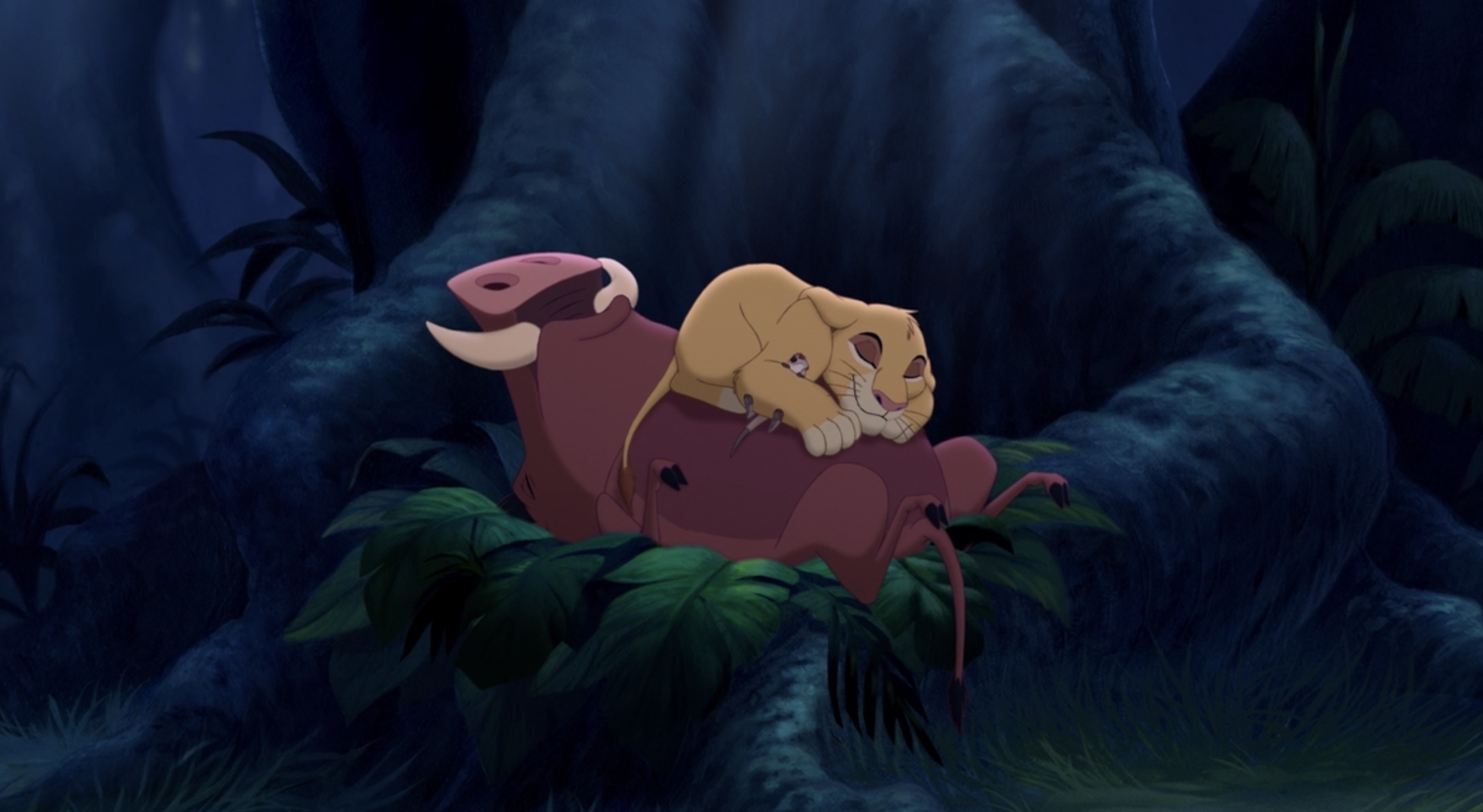 Timon, Pumbaa, and Simba sleeping
