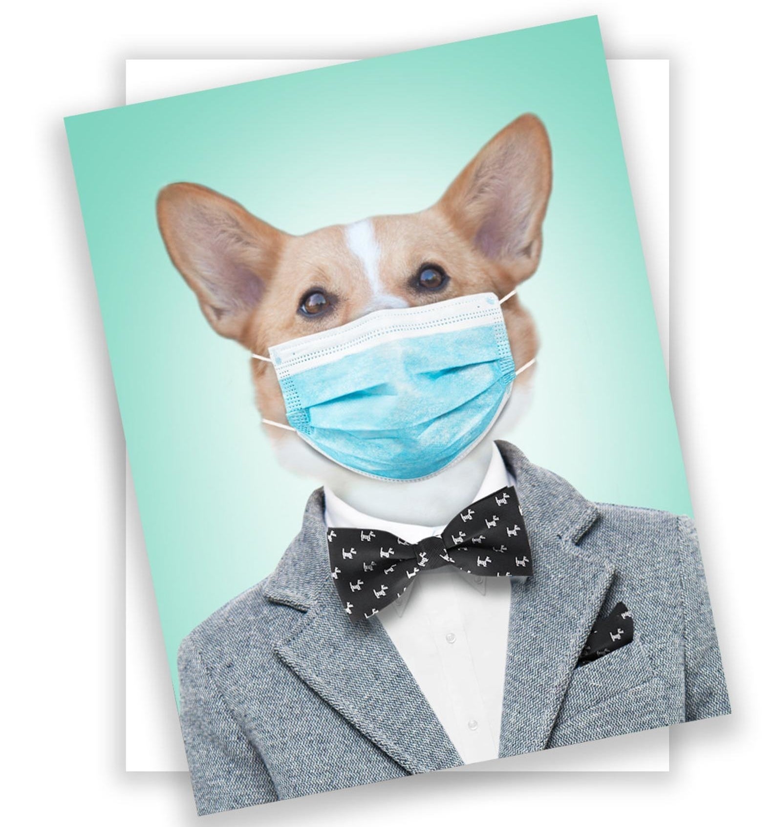 the card of a corgi wearing a suit, a bow tie, and a mask