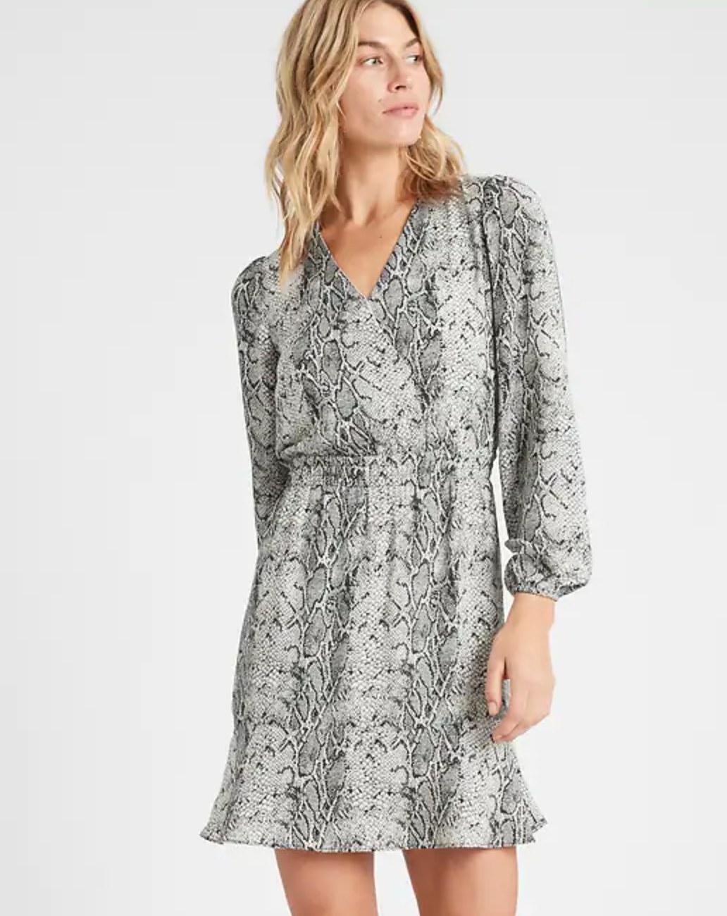 The petit fit and flare dress in grey snakeskin