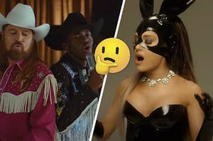 Billy Ray Cyrus and Lil Nas X are on the left with Ariana Grande wearing a bunny outfit on the right